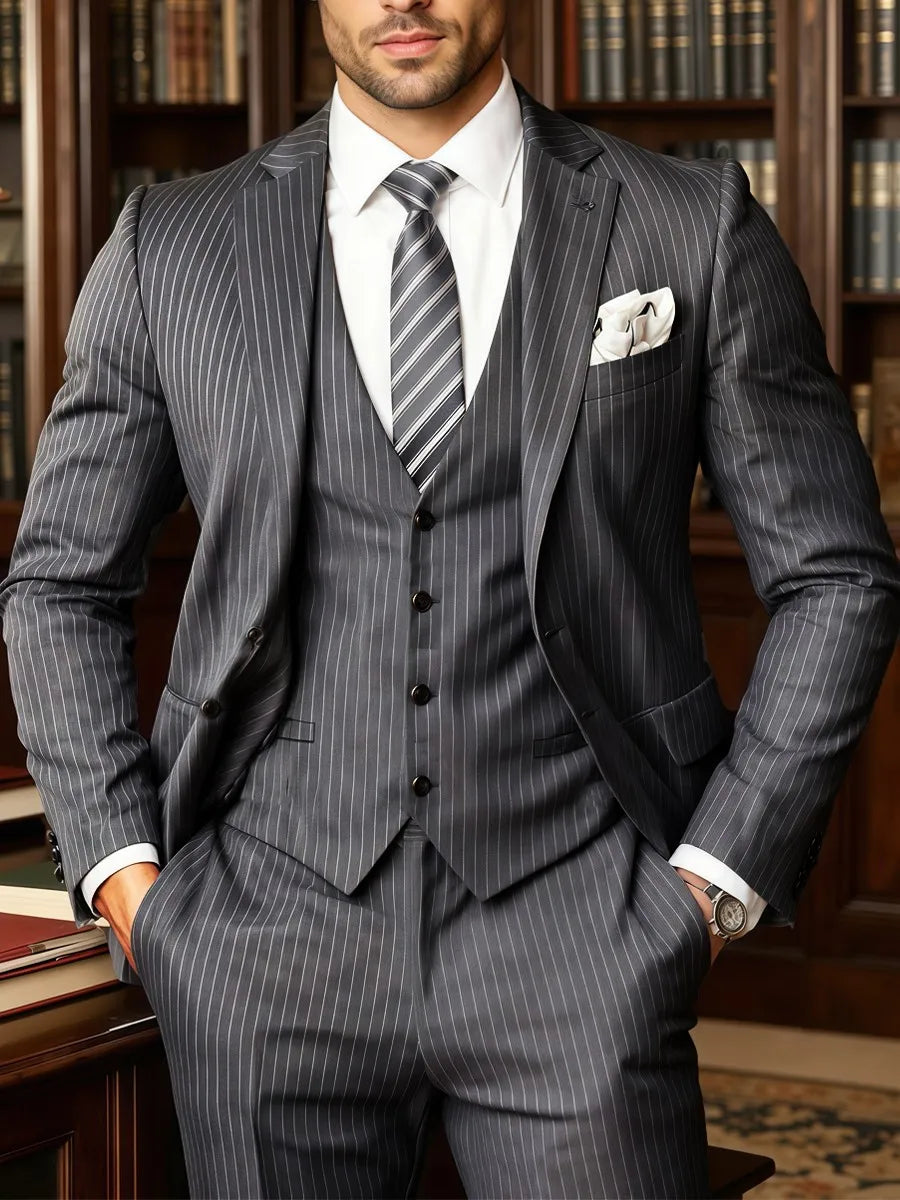 Elegant Men's Suits Luxury Stylish Black Pinstriped 3 Piece Suit for Men Wedding Business Event (Jacket+Vest+Pants)