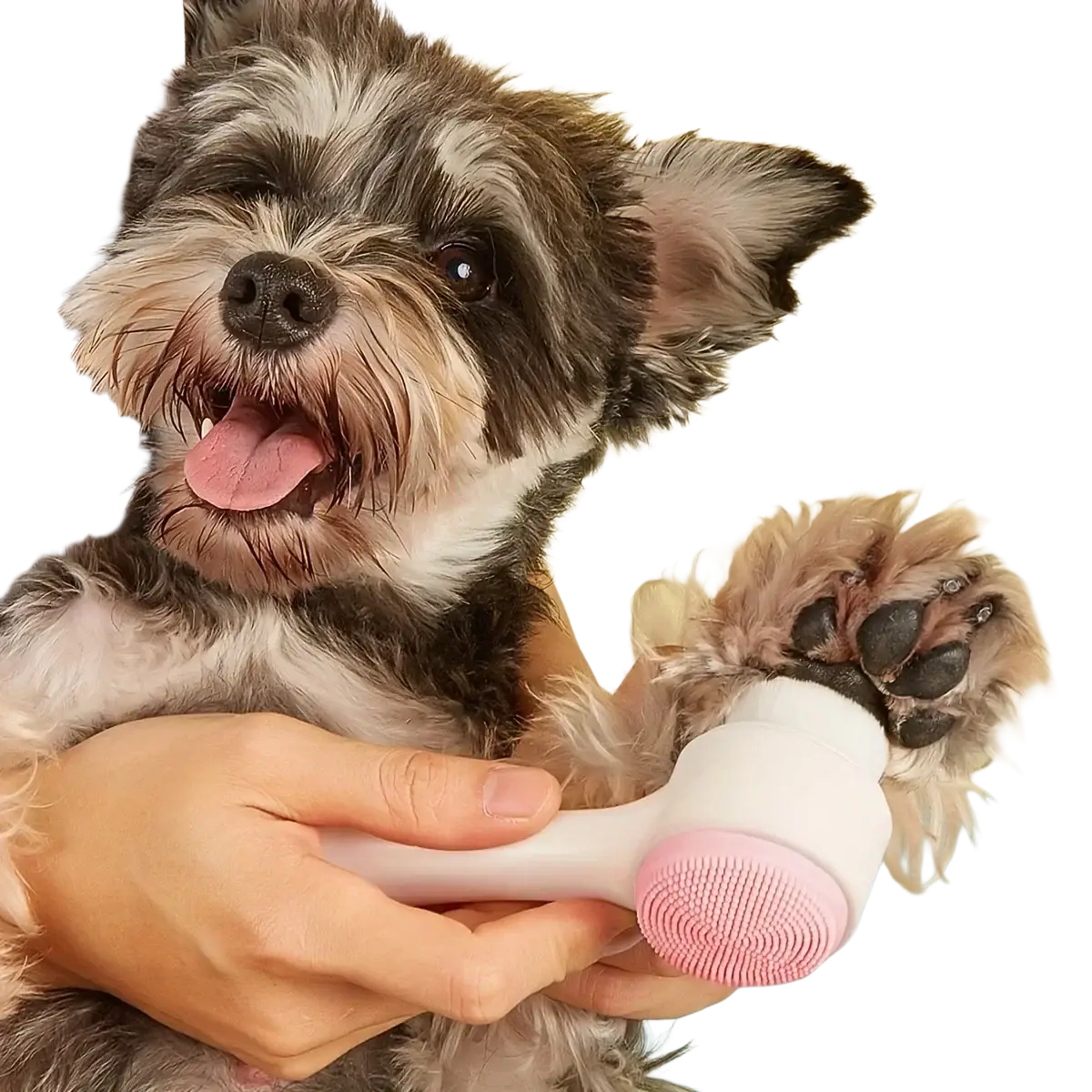 White and pink silicone pet paw cleaner and massage brush with soft silicone bristles shown from a front angle