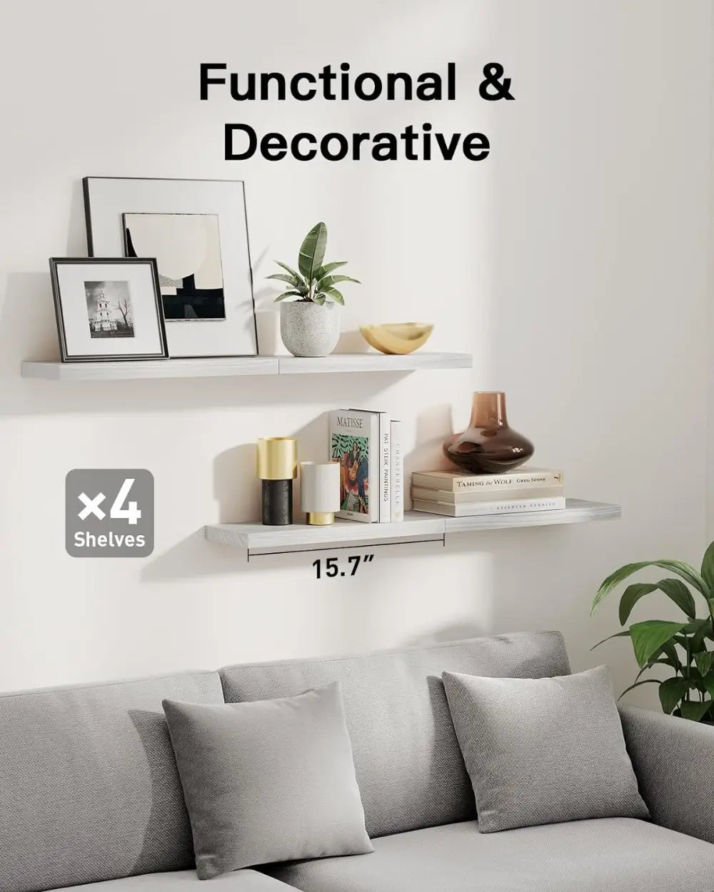 estantes flotantes de madera blancos de 15.7 pulgadas de ancho, diseñados para almacenamiento funcional y exhibición decorativa con una estética minimalista, adecuados para interiores de sala de estar