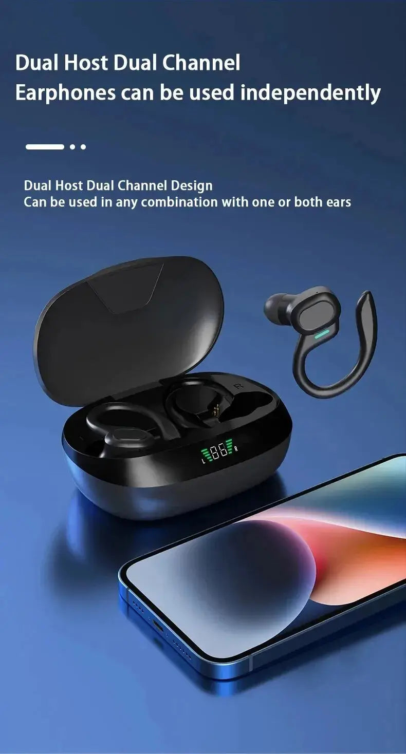 black wireless sport ear hook earbuds with a sleek ergonomic hook design and a matching matte black waterproof bluetooth charging case featuring an illuminated digital display