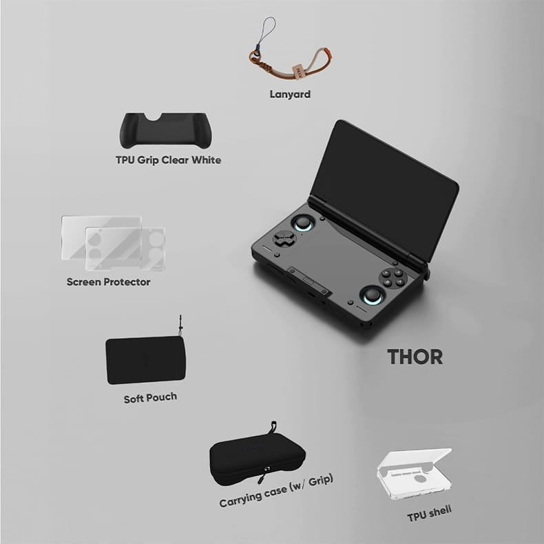 Schwarze Ayn Thor Handheld-Gaming-Konsole mit elegantem, kompaktem Design und beleuchteten Bedientasten, gezeigt mit Zubehöretui und TPU-Griff-Set.