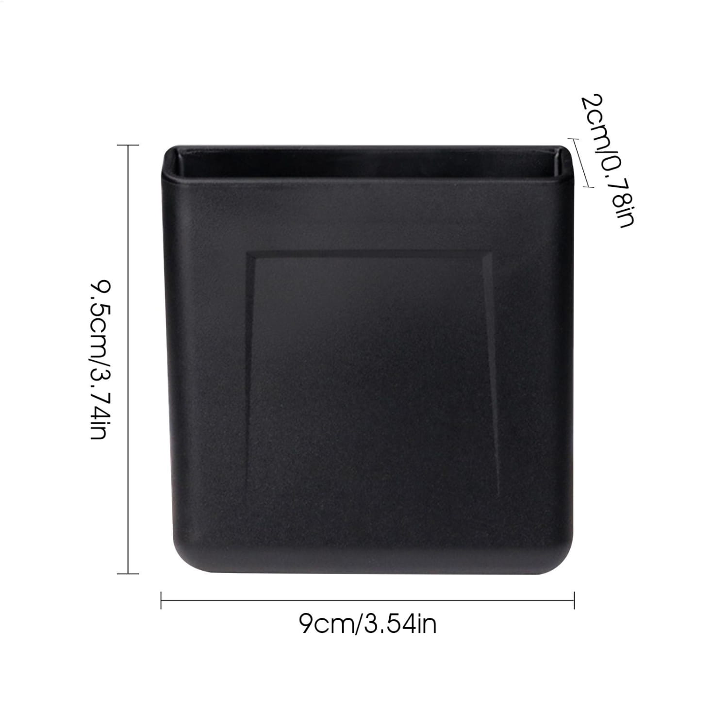 Sujeta teléfonos de coche rectangular de plástico negro con panel central rebajado para un agarre seguro y estabilidad de montaje en el diseño del montaje en bolsillo del tablero ABS del organizador de almacenamiento para coche, con dimensiones de 9 cm por 9 cm por 2,5 cm.