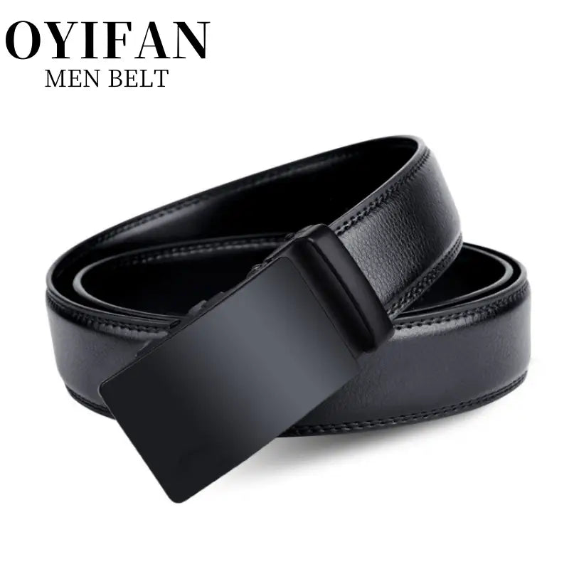Black oyifan ratchet leather belt for men featuring a smooth leather strap and a sleek matte finish rectangular buckle.