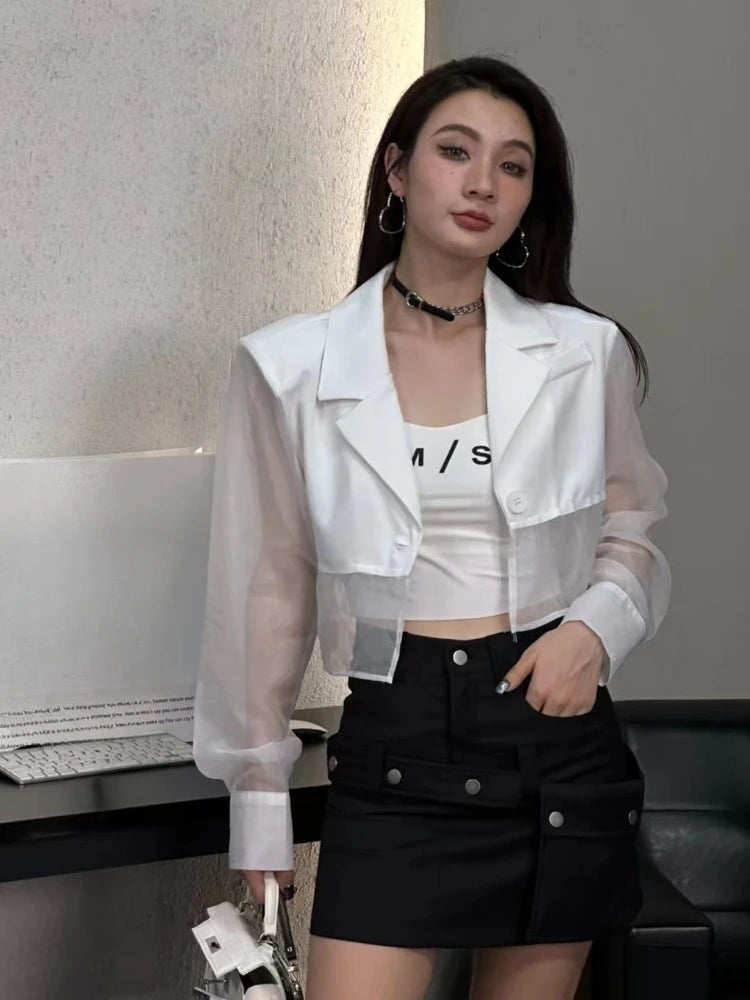 See Through Blazers Women Crops Korean Style Sun-proof Office Ladies Temperament High Street Fashion Summer Breathable Notched