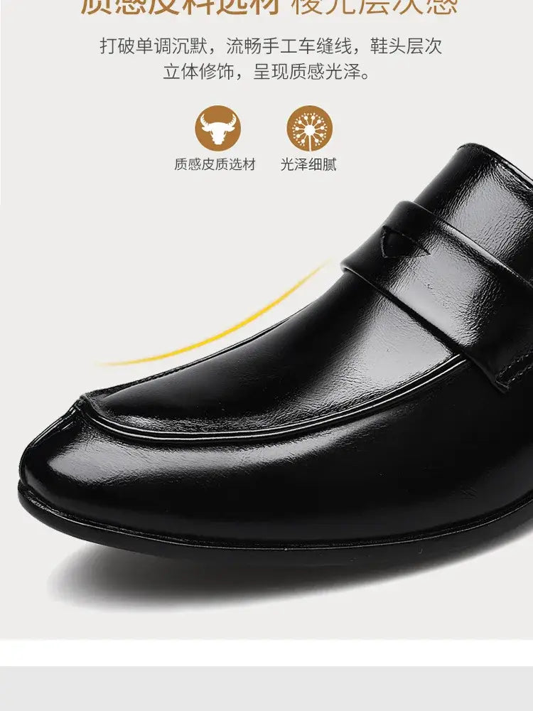 Black leather men leather business dress shoes pointed slip loafer with a polished finish and stitched detailing.