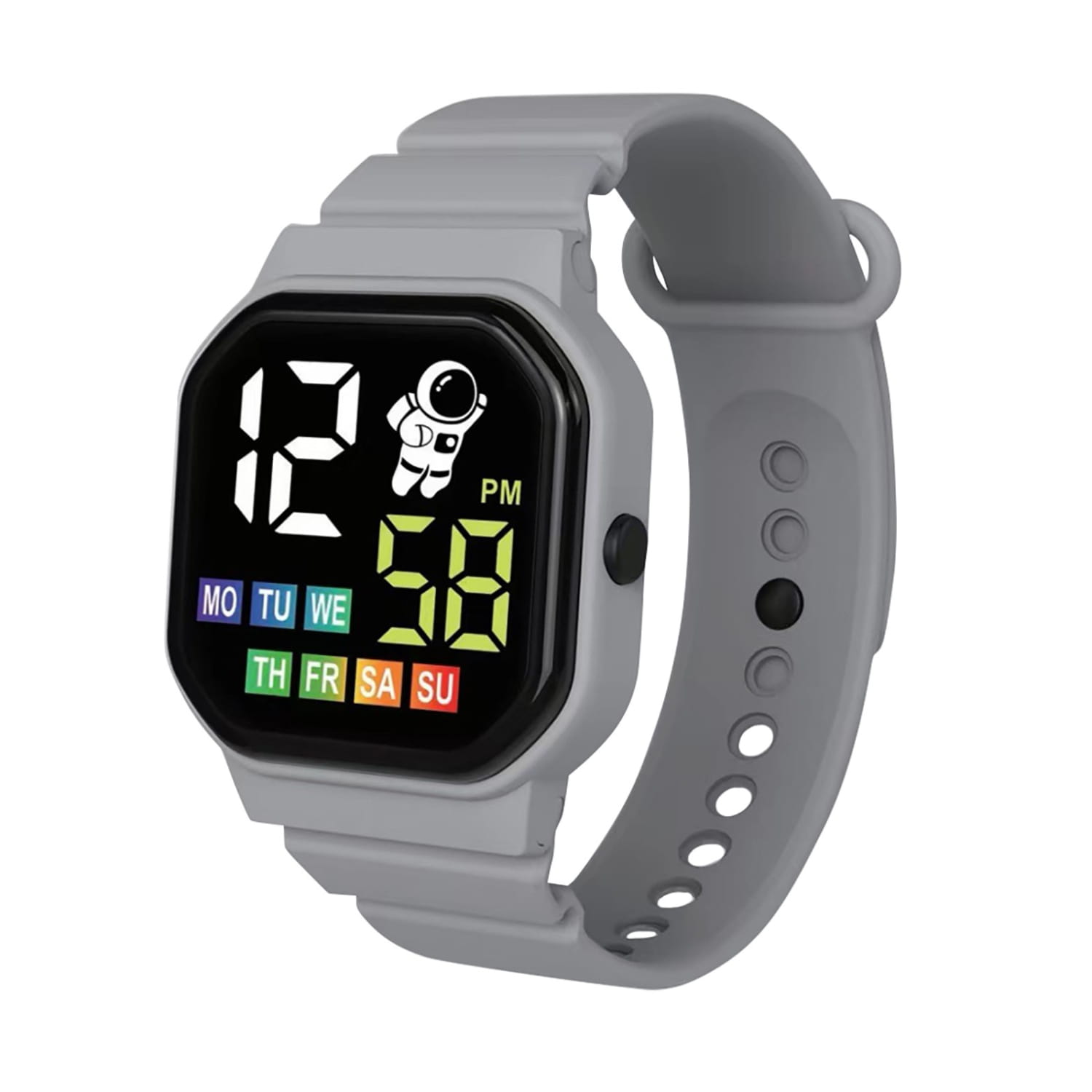 Kids astronaut led digital watch white featuring a gray square face with an astronaut graphic and colorful day-of-week indicators on the display.