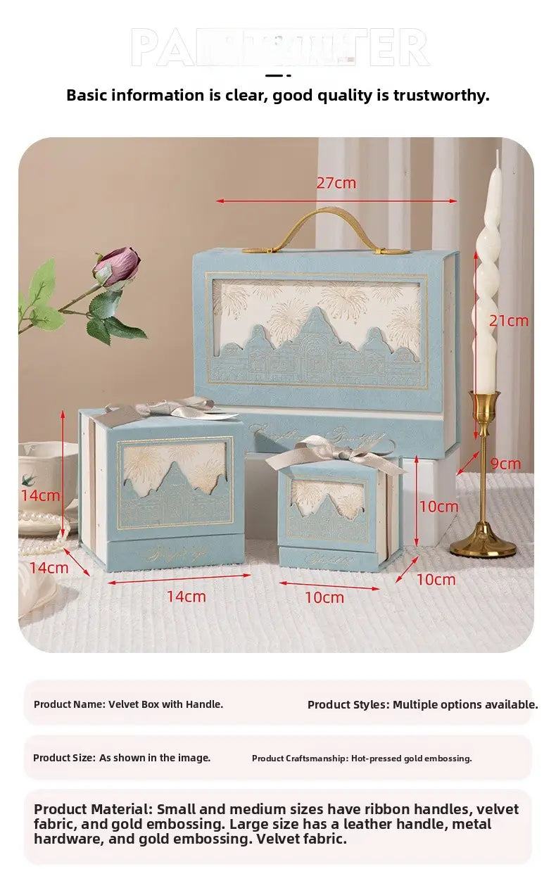 light blue velvet european style wedding gift box with gold handle and delicate mountain landscape design for candy packaging
