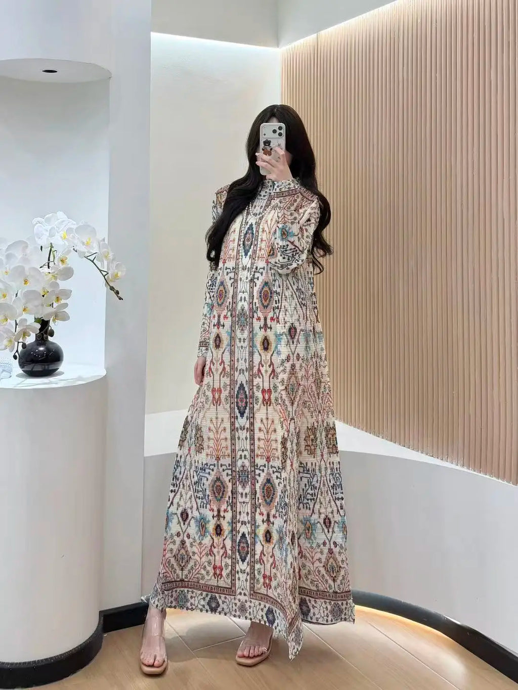 Abaya Ethnic Geometric Pattern Pleated Long Sleeve Loose Maxi Attire Middle Eastern Artistic Style Modest Classy Daily Outfits