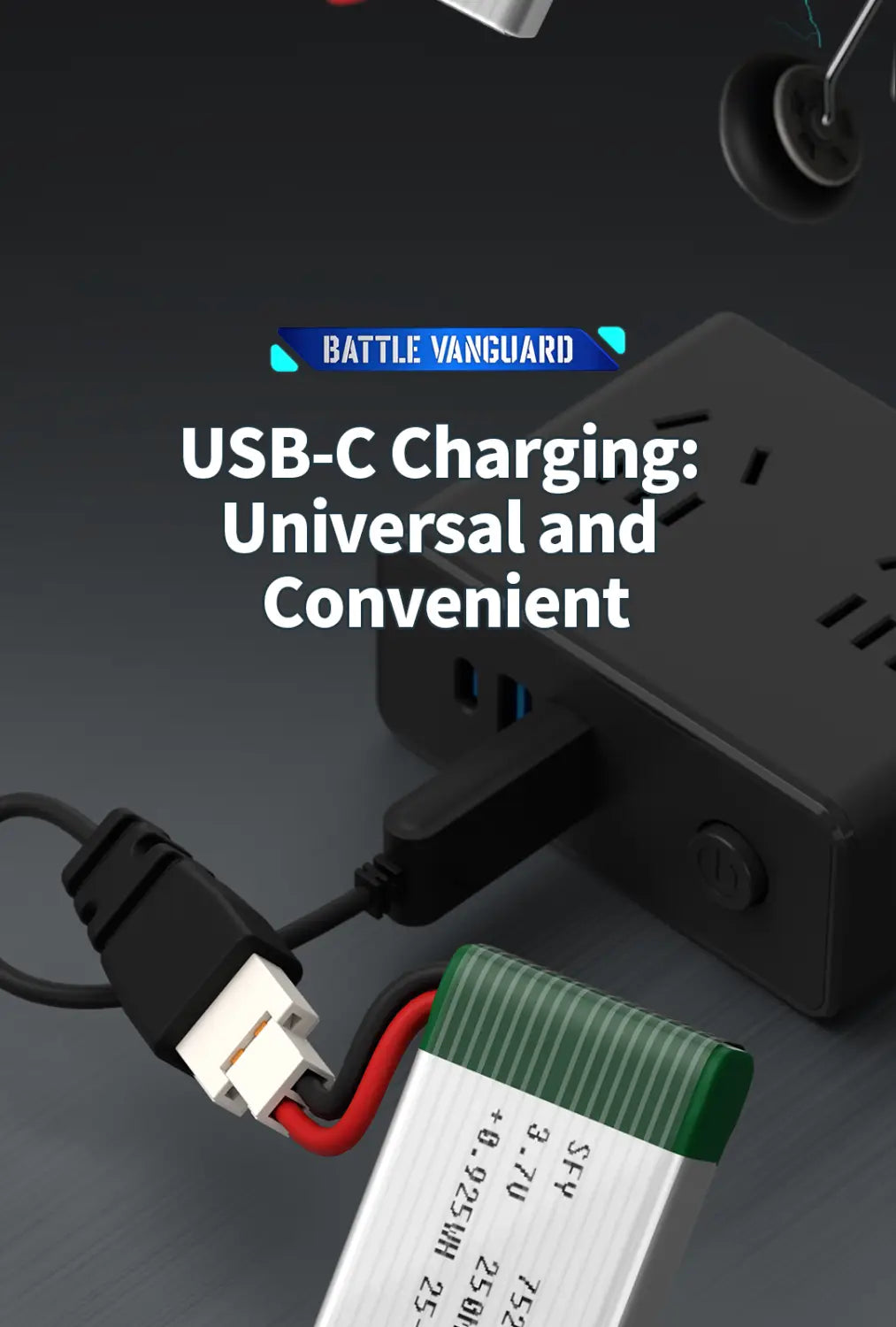 Black usb-c charging adapter with multiple ports and a power button connected to a silver lithium-ion battery pack with green striped edges for the remote control f18 hornet foam glider jet.