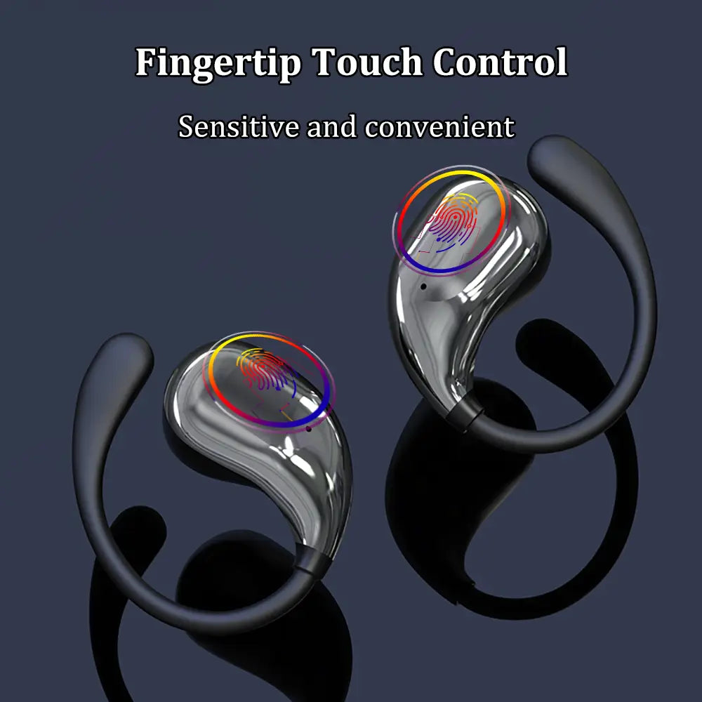Silver and black bluetooth ear hook headphones wireless sports earbuds with fingertip touch control.