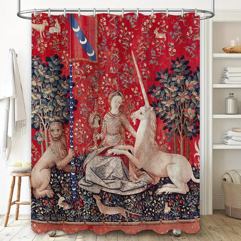 Red Floral Curtain with Medieval Tapestry Design for Bathroom Decor – Luxury Unicorn Bath Rug Shower Curtain Waterproof Home Dec