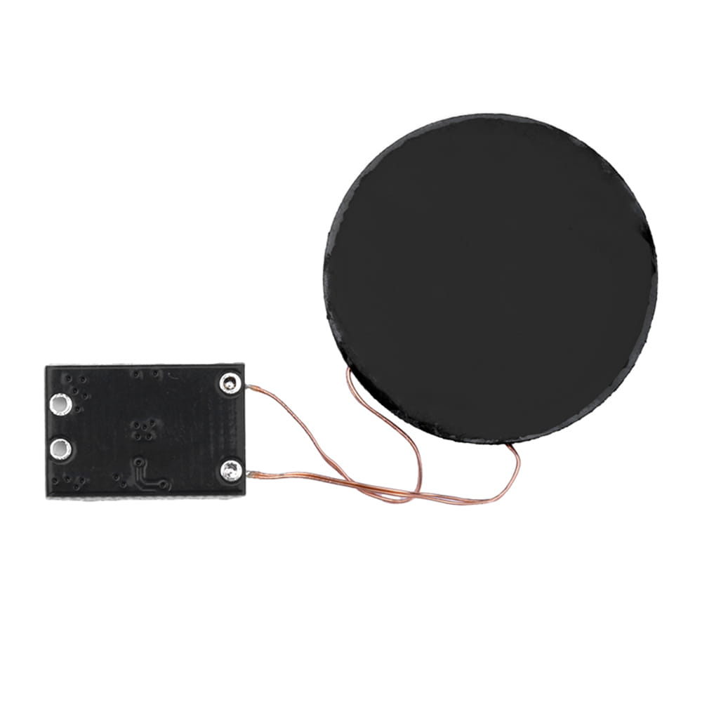black circular wireless charging receiver module 5v pcba with attached rectangular circuit board and copper wires highlighting input voltage and output current specifications and sensing distance features