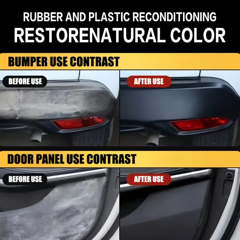 自動車用プラスチックリストアスプレー グロス トリム リノベーターによる外装表面の「使用前」および「使用後」の効果を示す、黒のゴムおよびプラスチック製のフロントバンパーならびにドアパネル