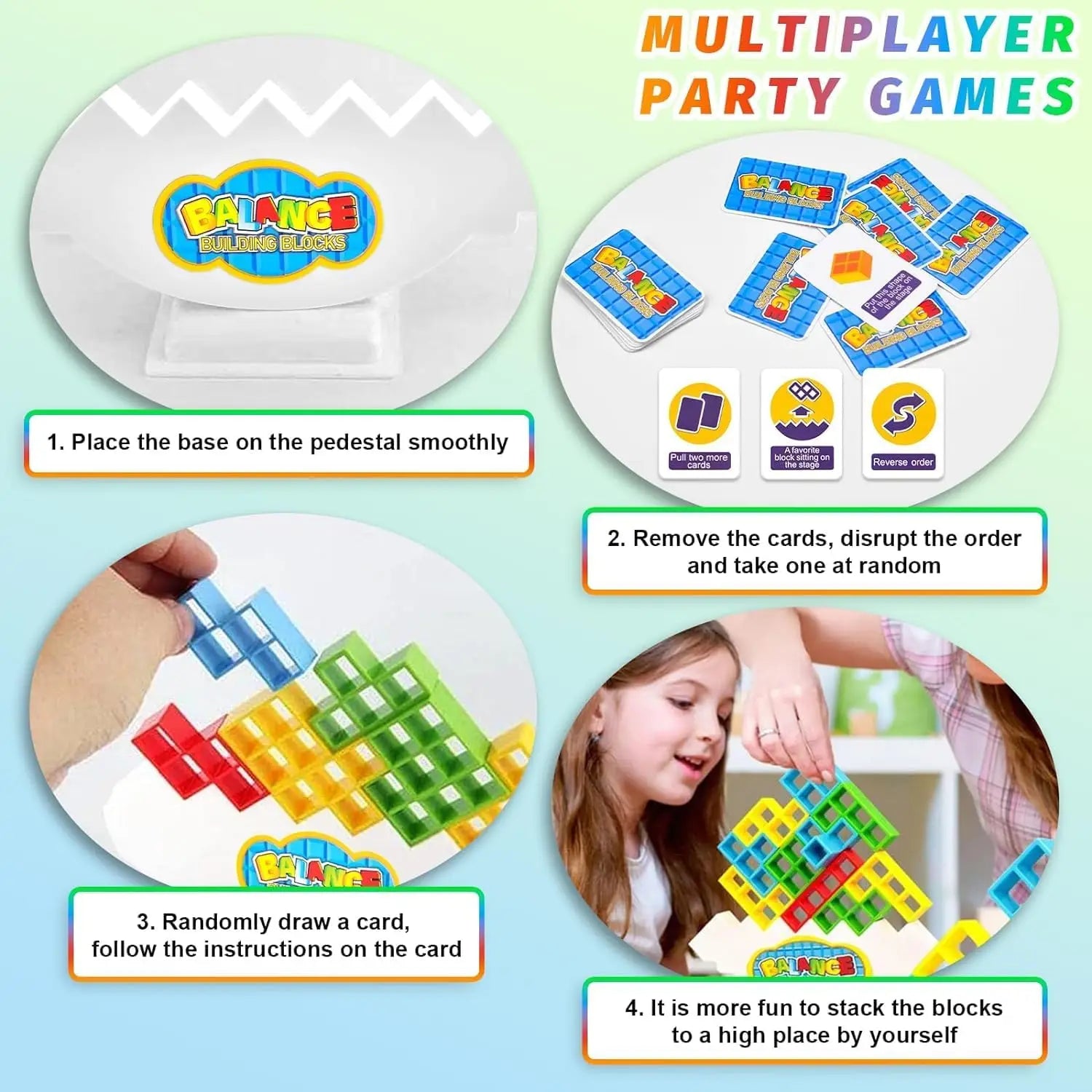 テトラタワーゲームのバランス積み用ブロックマルチプレイヤーパーティーゲーム向けに、白い台座の上に配置された、青・赤・黄・緑のカラフルなプラスチック製ビルディングブロック。