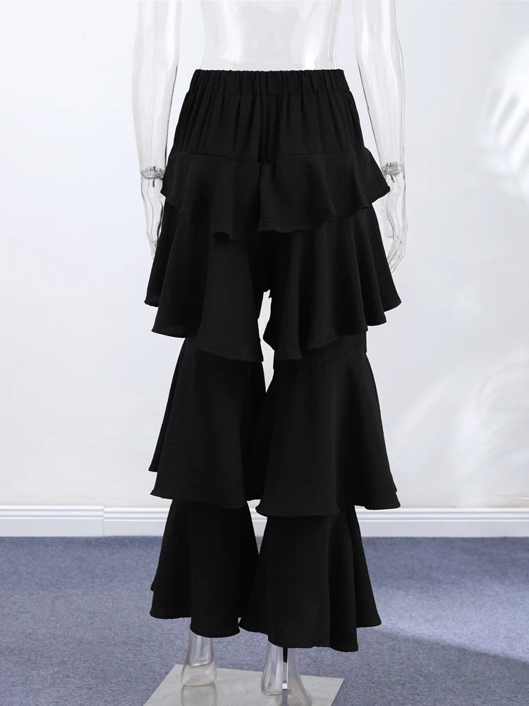 Chic Women Multi Layer Ruffle Flare Pants Wide Leg High Waist Long Trousers 2026 Autumn Lady All-matching Gothic Y2K Streetwear