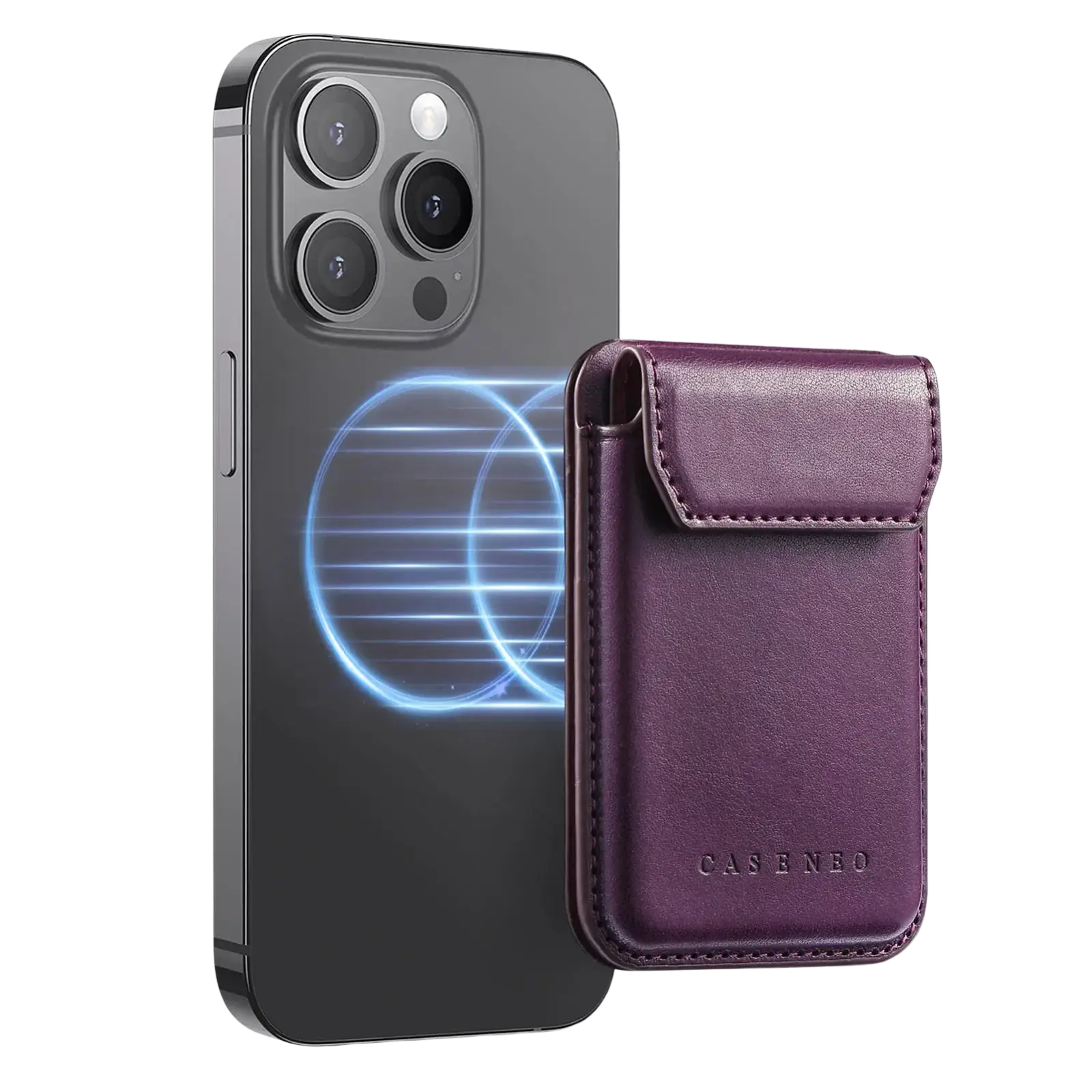 Lila Leder-Handy-Kartenhalter mit genähten Kanten und unten eingeprägtem „case neo“-Schriftzug.