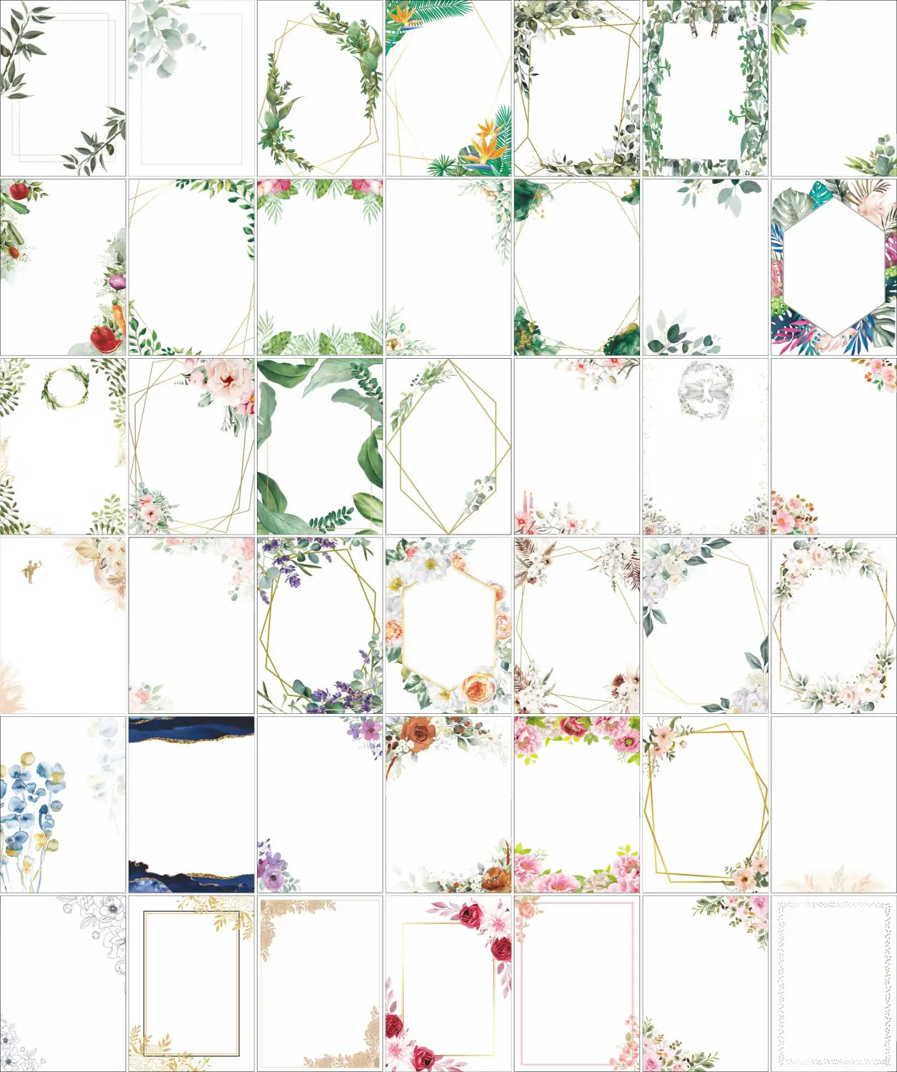 a collection of custom acrylic shabbat candle blessing souvenirs featuring delicate floral and geometric pastel border designs with watercolor-style botanical illustrations on a white background