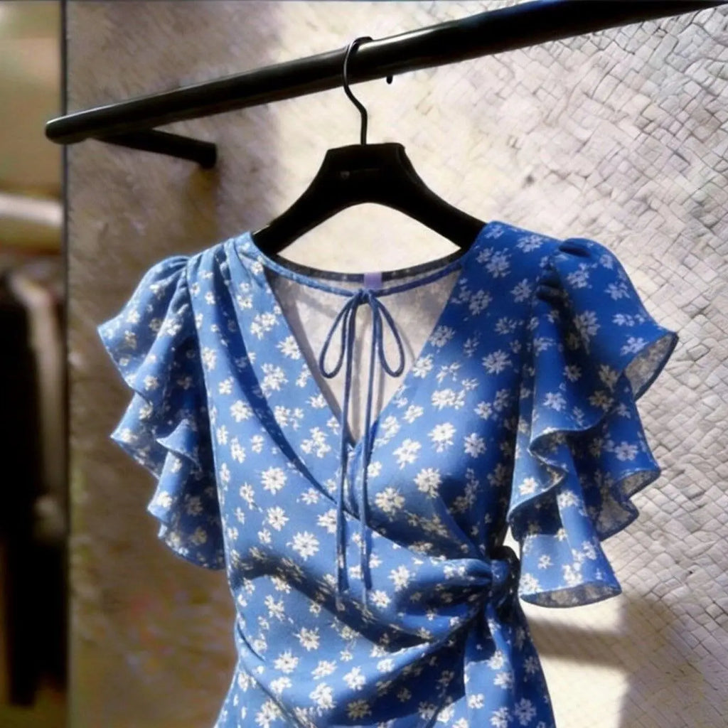 Chic Elegant Women Wrap V Neck Chiffon Blouse Blue Ditsy Floral Print Ruffle Flutter Sleeve Side Ruched Waist Frill Hem Crop Top