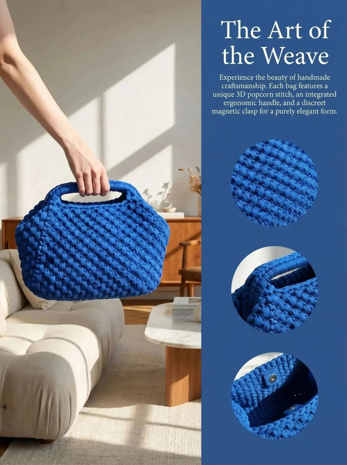 Un bolso bandolera tejido a crochet en azul vibrante con punto tipo palomitas 3D texturizado y asa ergonómica integrada, ideal como bolso para vacaciones de playa.