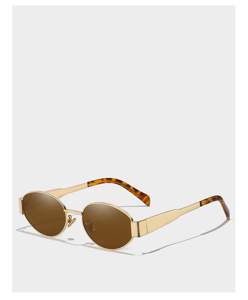 Gafas de sol ovaladas para mujer y hombre con montura en tono dorado, puntas de patillas con patrón tipo carey y lentes espejadas marrones.