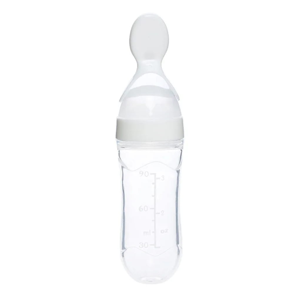Klares Glas-Baby-Fütterlöffel-Fläschchen mit weißem Silikon-Sauger und Verschluss mit Maßangaben in Millilitern, BPA-freies Silikon, 90 ml.