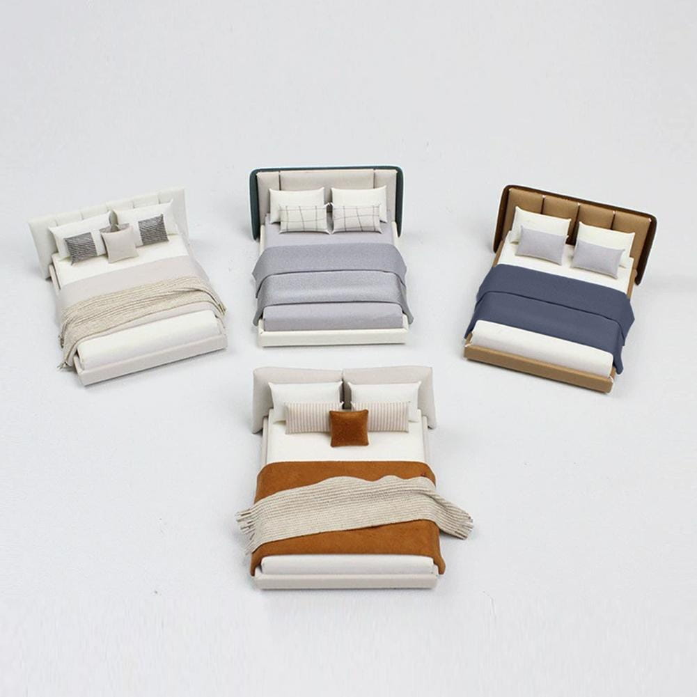 modern minimalist miniature dollhouse double beds in white gray and beige upholstery with matching or contrasting bedding in cream style