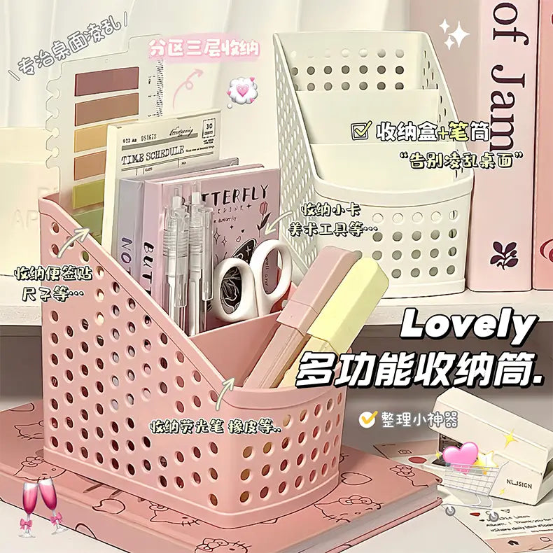 Pink perforated plastic desktop stationery organizer with multiple compartments for makeup and pen storage.