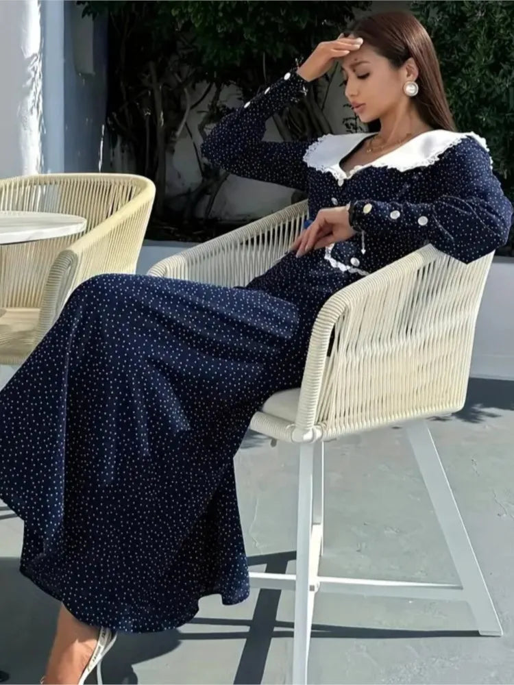 2025 Autumn Winter Dress Women Fall Trend Long Sleeve V-Neck Polka Dot Sexy Elegant Evening Party Skinny Stretch Maxi Bodycon