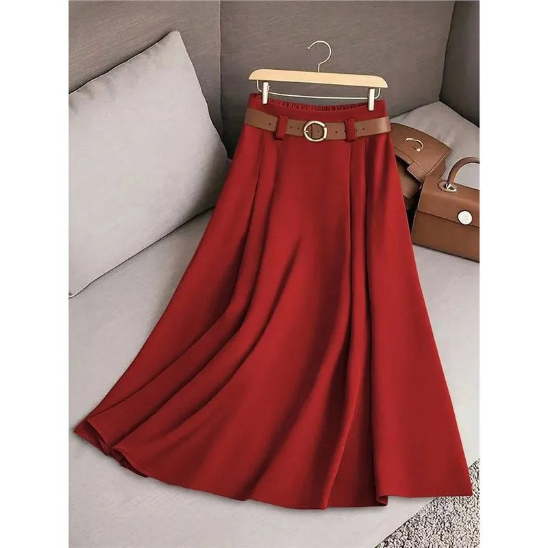 Elegant Fashion Skirts For Women 2026 New Spring Autumn Patchwork Pleated A-Line Mid-length Skirts Commuting Office Lady Skirt