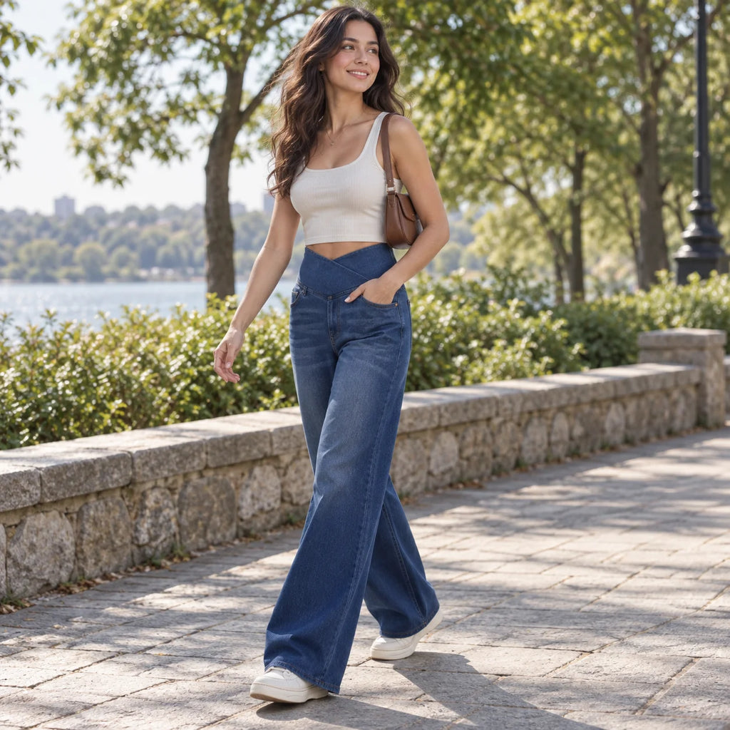Fashion Women Cross V High Waist Washed Denim Wide Leg Pants Elastic Soft Jeans Casual Daily Loose Full Length Stretch Trousers
