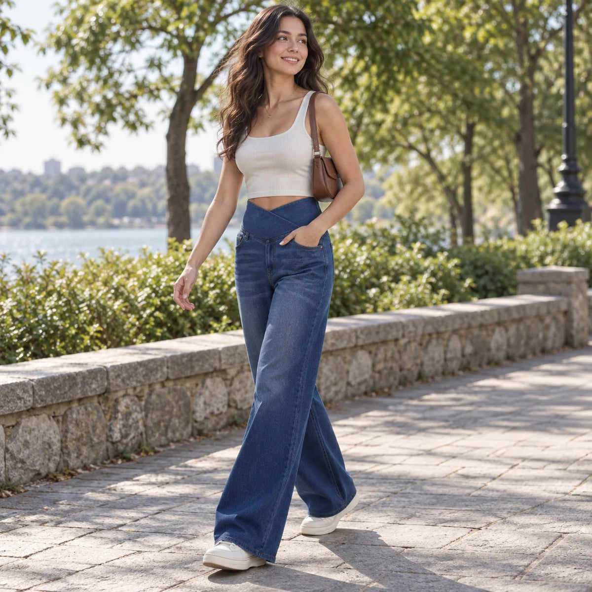 Fashion Women Cross V High Waist Washed Denim Wide Leg Pants Elastic Soft Jeans Casual Daily Loose Full Length Stretch Trousers