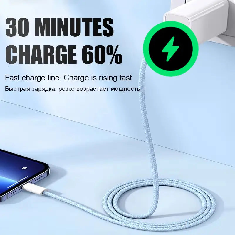 light blue braided usb-c charging cable with white connector designed for fast 20w charging lightning cable use