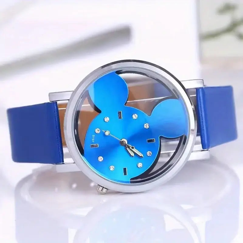 Blue mickey mouse leather kids quartz watch featuring a silver-toned case and matching blue strap.