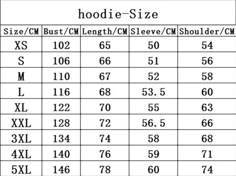 Hoodie size chart showing measurements in centimeters for men everlast logo hoodie fleece casual pullover from xs to 5xl.
