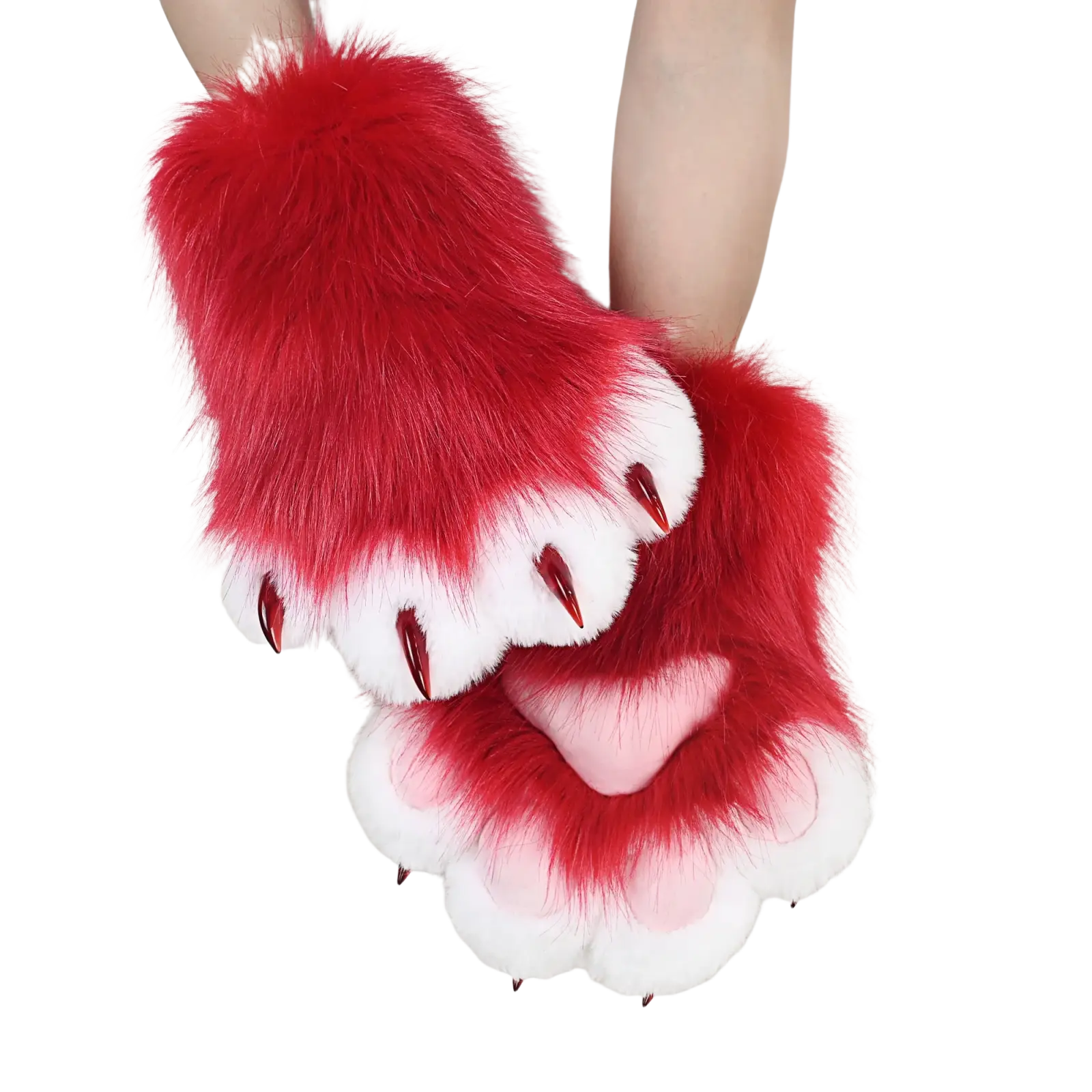 Guantes de piel sintética con forma de pata de animal en rojo y blanco, con garras rojas pronunciadas, mostrados desde un ángulo frontal.