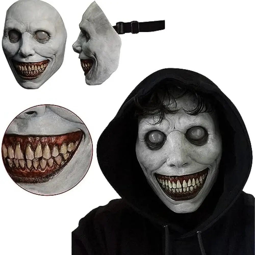 Gray latex creepy halloween resin horror mask features an exaggerated wide grin with sharp teeth and dark eye sockets as a full face costume accessory.
