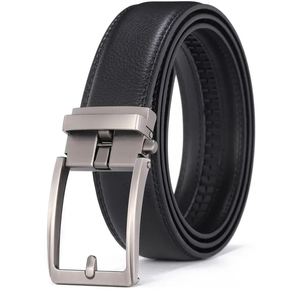 Black leather mens belt featuring a sleek silver toned automatic buckle for effortless style.