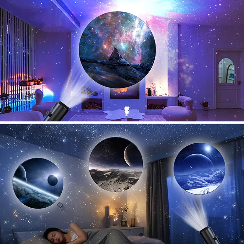 A sleek black led galaxy projection lamp casting vibrant cosmic scenes onto a ceiling with 10 interchangeable slides.