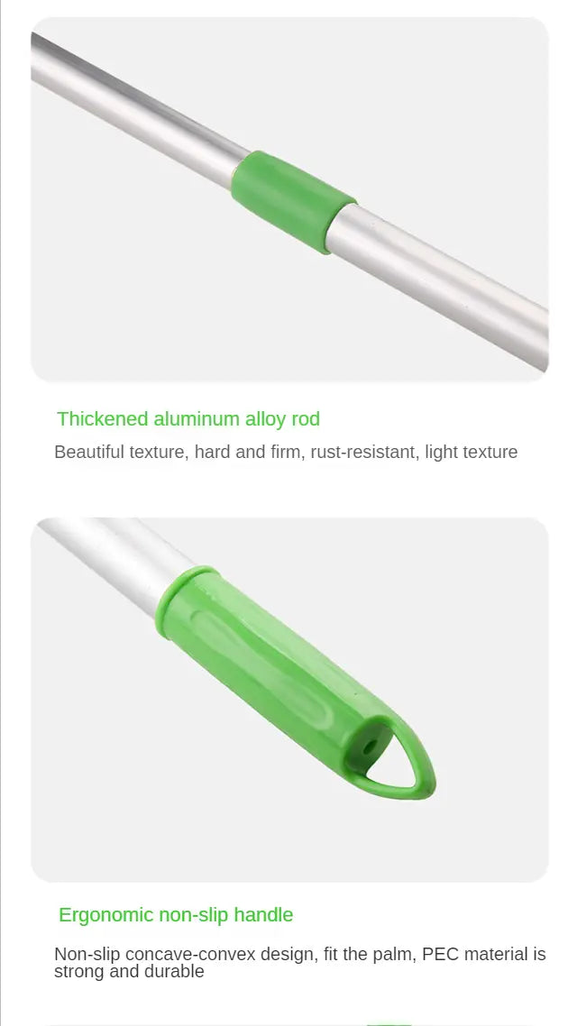 Pieza de empuñadura ergonómica verde tipo gancho con extremo en bucle, acoplada a una varilla de aleación de aluminio engrosada de una fregona telescópica para lavado de coches y cepillo de microfibra desmontable.