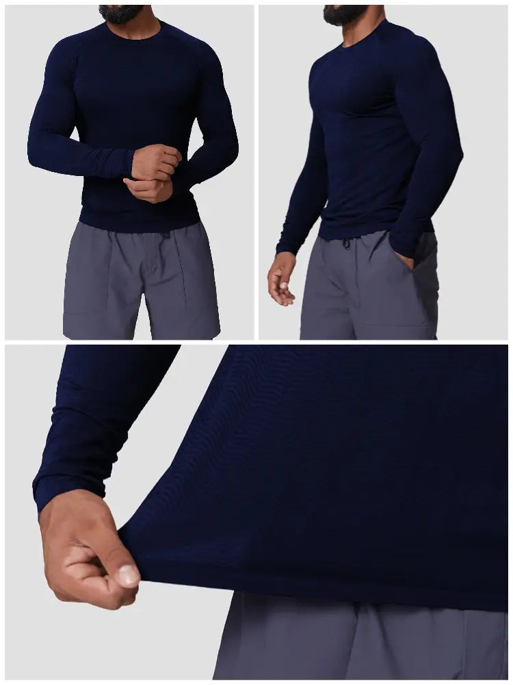 Navy blue men’s quick dry long sleeve athletic fishing shirt with a crew neck and stretchy fabric shown from the back.