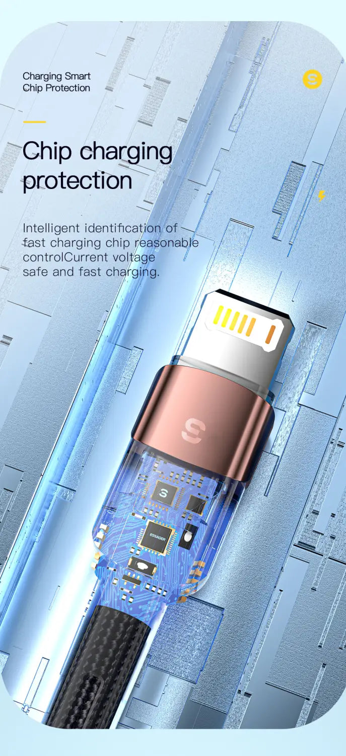 Ein elegantes Essager iPhone-Schnellladekabel für schnelles Laden 2,4 A in kupferfarbener Optik mit transparenter Schutzhülle, die die interne Schaltung sowie die Chip-Komponenten sichtbar macht.