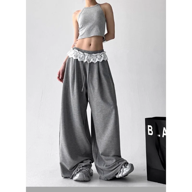 Wide-leg Pants for Women New Solid Color Loose Lace Drawstring Casual Drooping Sports
