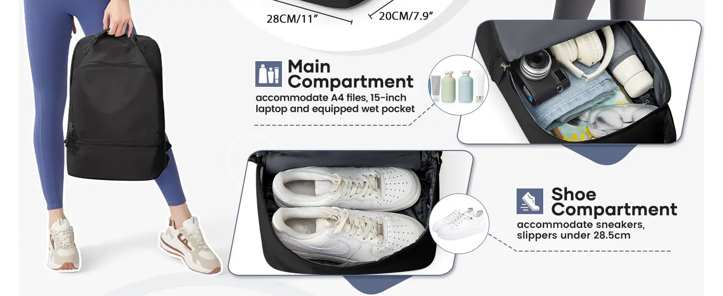 Black nylon fitness travel backpack with main compartment for A4 files and 15-inch laptop and shoe compartment for sneakers or slippers under 28.5cm shown from the back side.