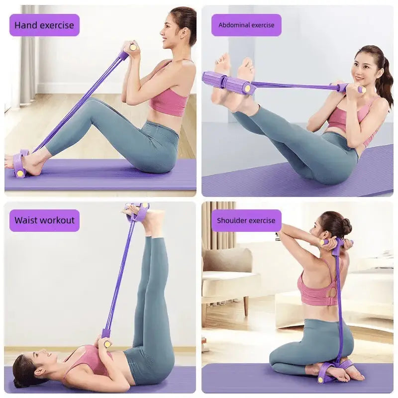 Purple resistance band set for strength training with adjustable foot and hand grips for versatile fitness exercises.