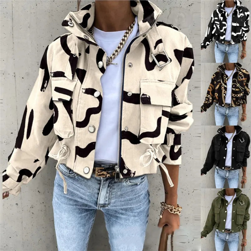 Women's Short Print Trench Jacket Coat With Zipper Stand Collar Loose Windbreaker Casual Clothes Fashion Fall Winter Women Coat