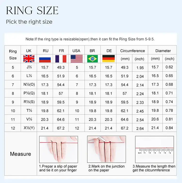 ring size chart displaying measurements in various units and country flags for a sterling silver zircon wedding band for women.