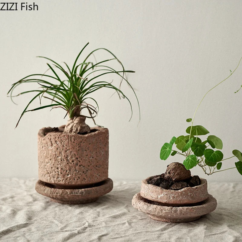 Handmade Ceramic Flower Pot with Base Tray Green Plant Pots Flower Vase Garden Pots Planters Desktop Flowerpot Garden Supplies