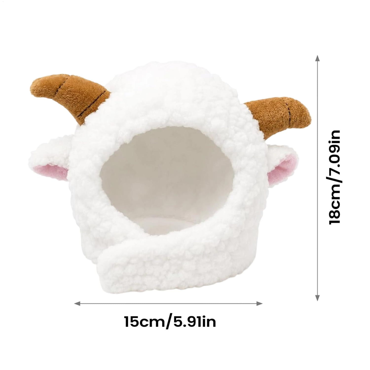 white plush sheep-shaped cat headwear with brown horns and pink inner ears designed as a winter costume hat for cat winter and puppy cat winter use