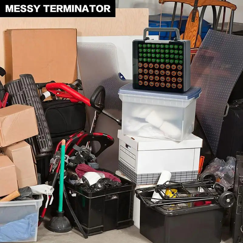 Schwarzer Kunststoff-Batterie-Aufbewahrungsorganizer mit einem Raster aus grünen und orangefarbenen Batterien, die in Reihen auf der oberen Fläche angeordnet sind, ausgelegt zur Aufnahme von 72 AA- und AAA-Batterien