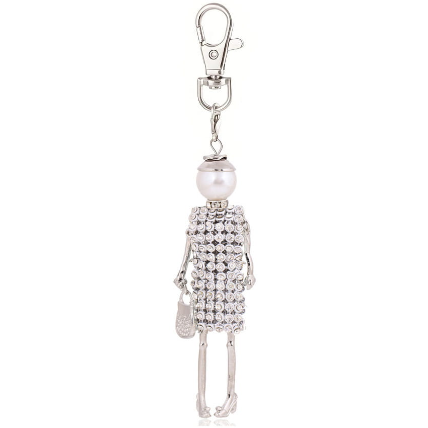 Silver rhinestone-dressed figurine keychain with a pearl head and high-heeled shoes designed as a women bag pendant.